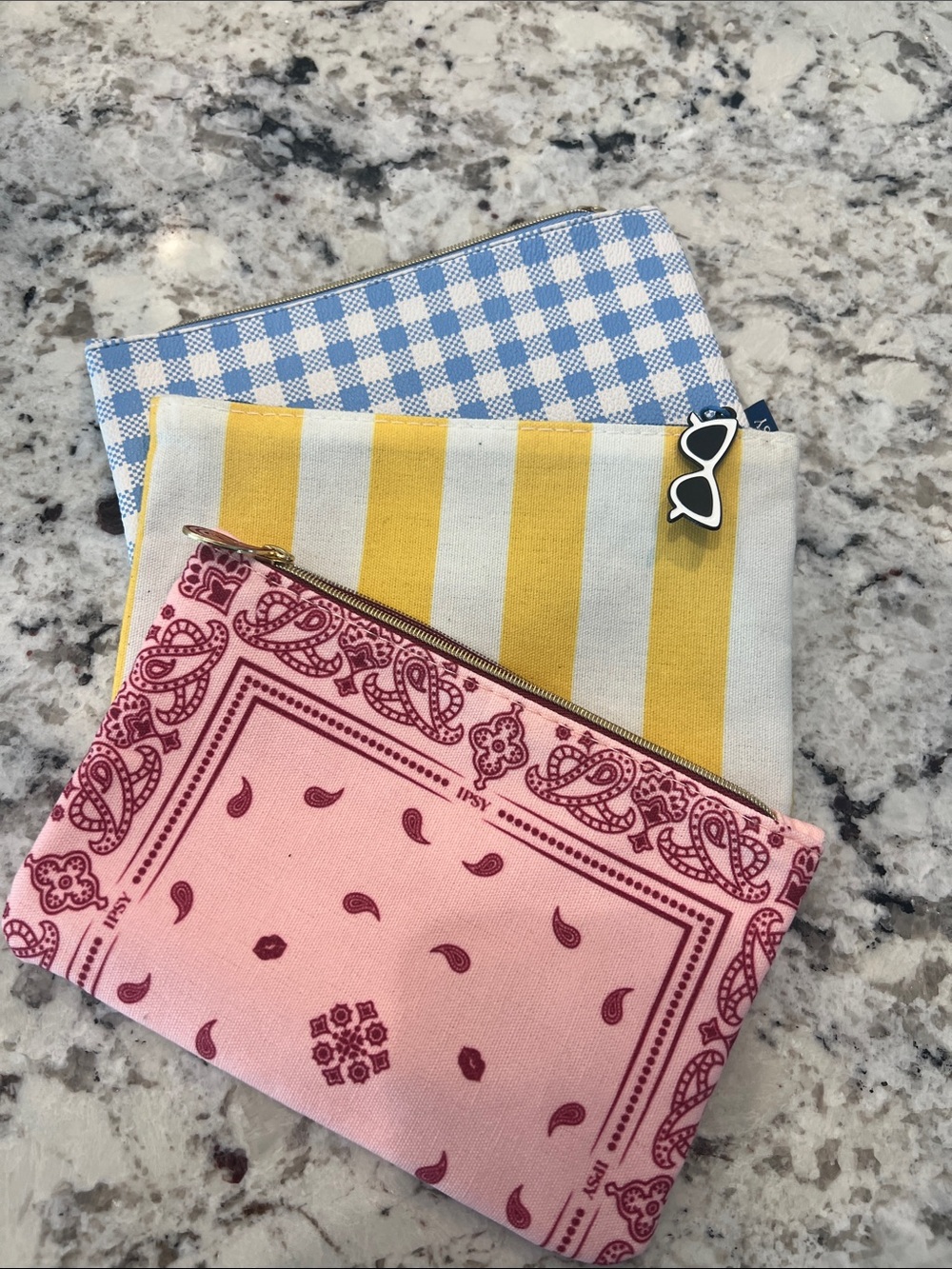 ipsy Pink Bandana & Yellow Stripe Makeup/Kids pouch Duo with Blue Gingham Accent